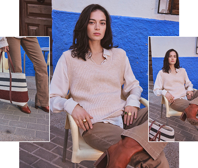 Jean flare à ponts en coton beige Ninon